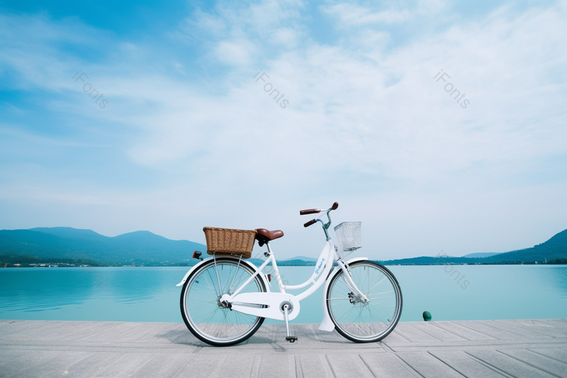 美丽风景怡人白色自行车脚踏车停在湖边木板岸边上摄影背景,高清,摄影图,摄影图片,图片大全,摄影图免费下载